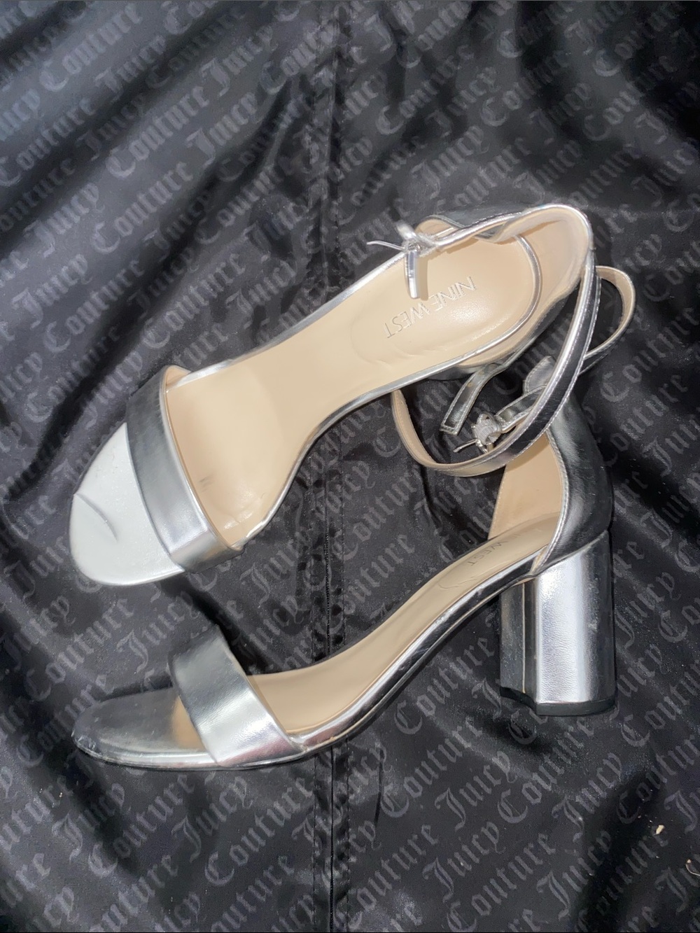 Nine West Metallic Silver Block Heel Sandals